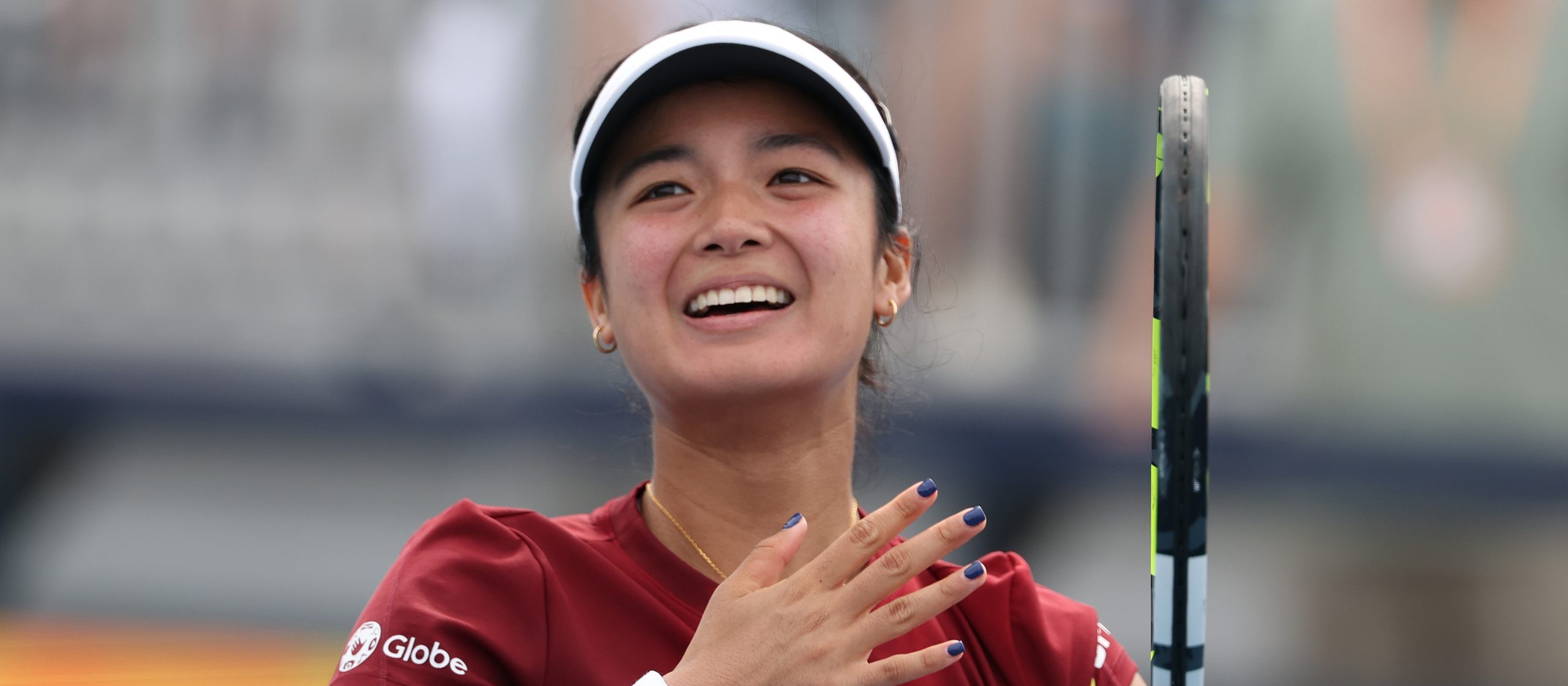 MIAMI GARDENS, FLORIDA - MARCH 23:  Alexandra Eala of Philippines celebrates her win against Madison Keys during Day 6 of the Miami Open at Hard Rock Stadium on March 23, 2025 in Miami Gardens, Florida. (Photo by Al Bello/Getty Images)